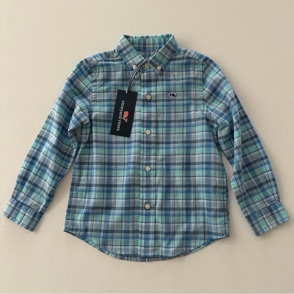 Vineyard Vines 3T Toddler Boy Whale Shirt Pine Island Plaid Sea Splash NWT